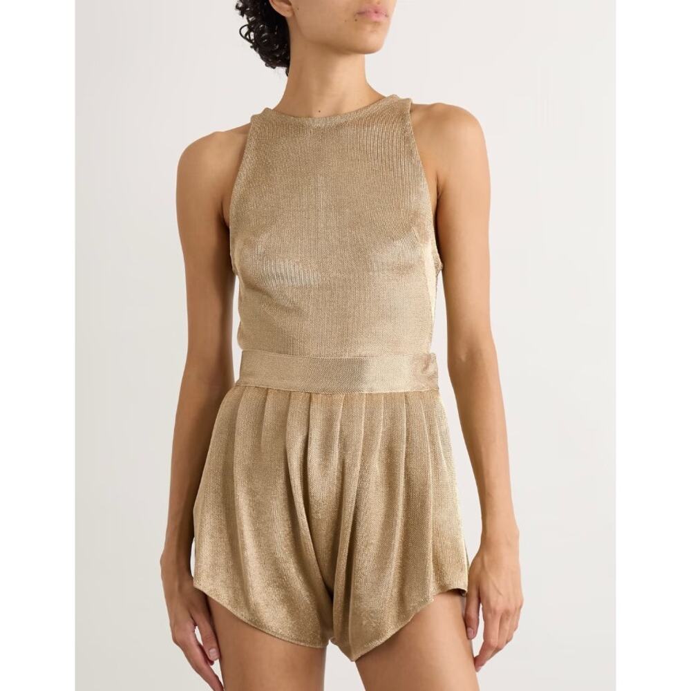 NWT Alaia Gathered Metallic Gold Knitted High Rise Shorts Womens 36 / US 4